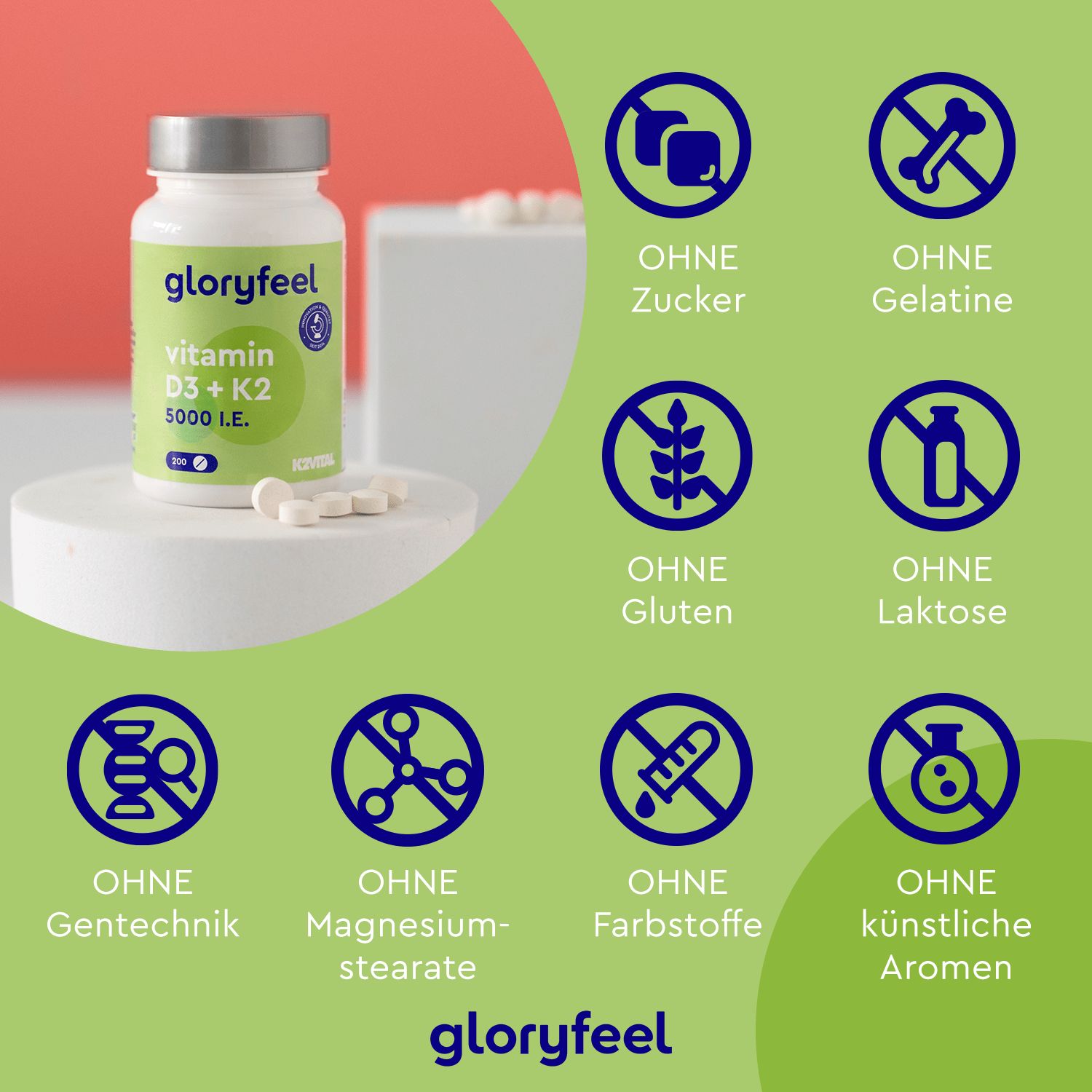 gloryfeel® Vitamin D3 K2 (K2VITAL® von Kappa) 5.000 I.E. Tabletten