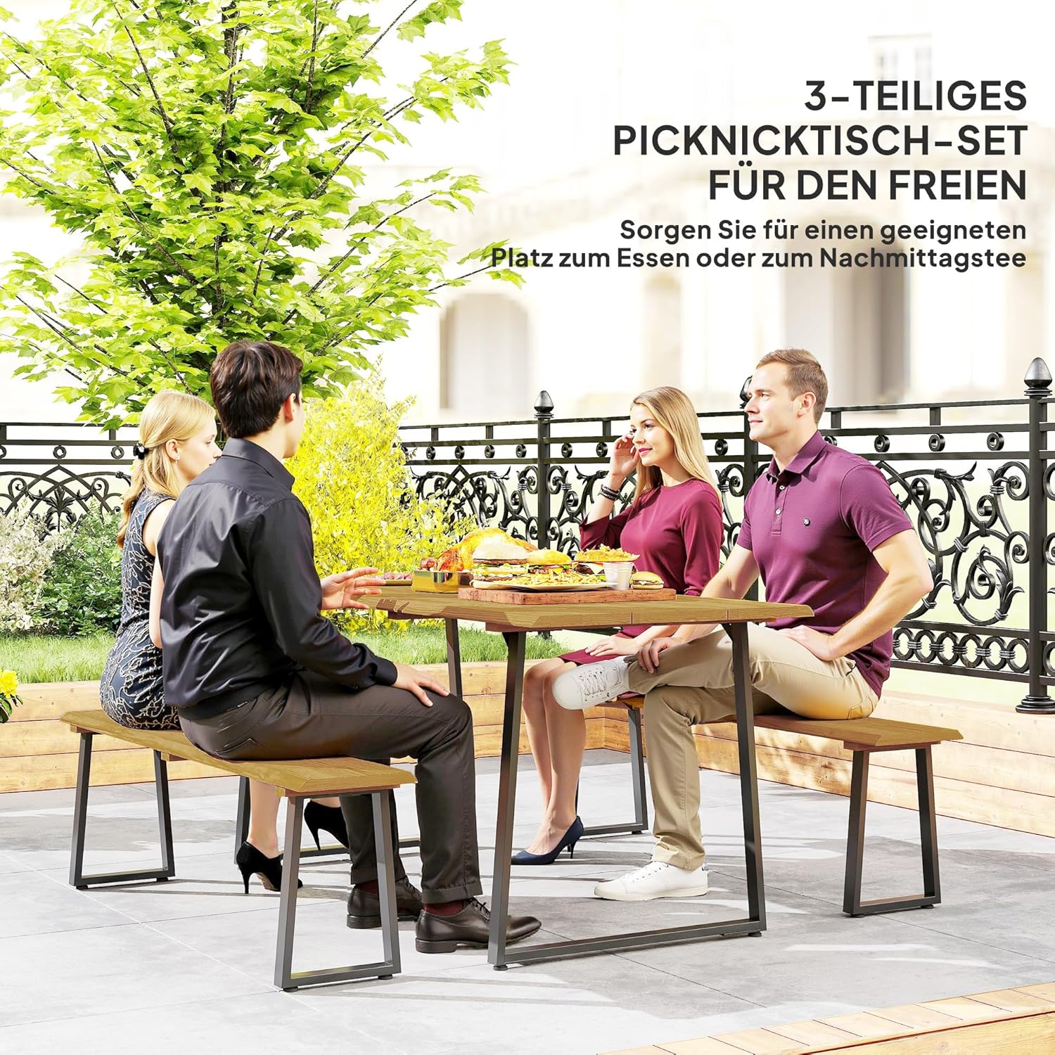 Outsunny Sitzgruppe 3-teilig Holz Essgruppe für 6 Personen Esstisch mit 2 Bänke Schirmloch Esszimmergruppe mit Holztisch Küchentisch-Set Balkonmöbel Gartenmöbel für Terrasse, Balkon Naturholz