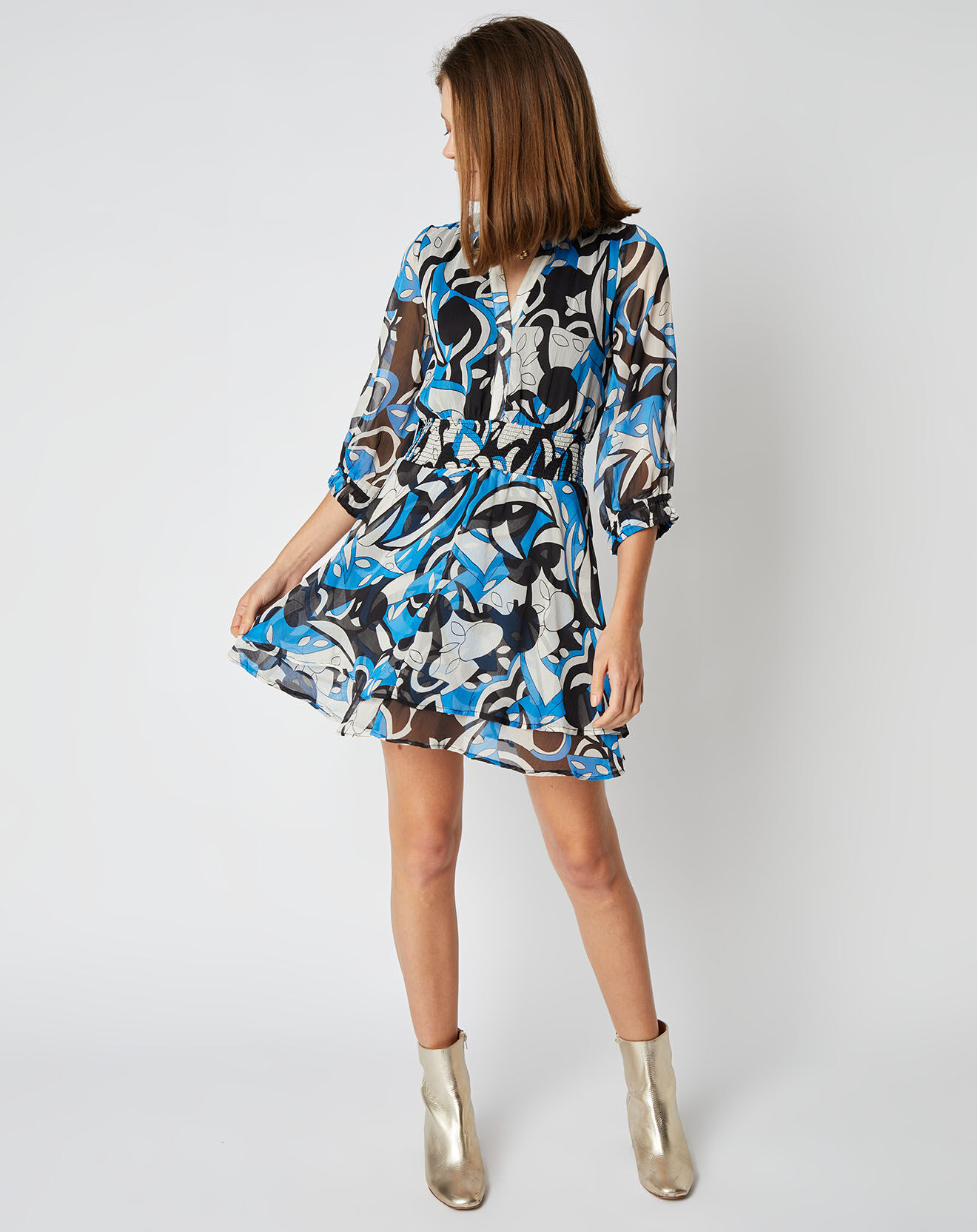 An'ge Robe courte Pauline façon mousseline à motifs bleu/noir