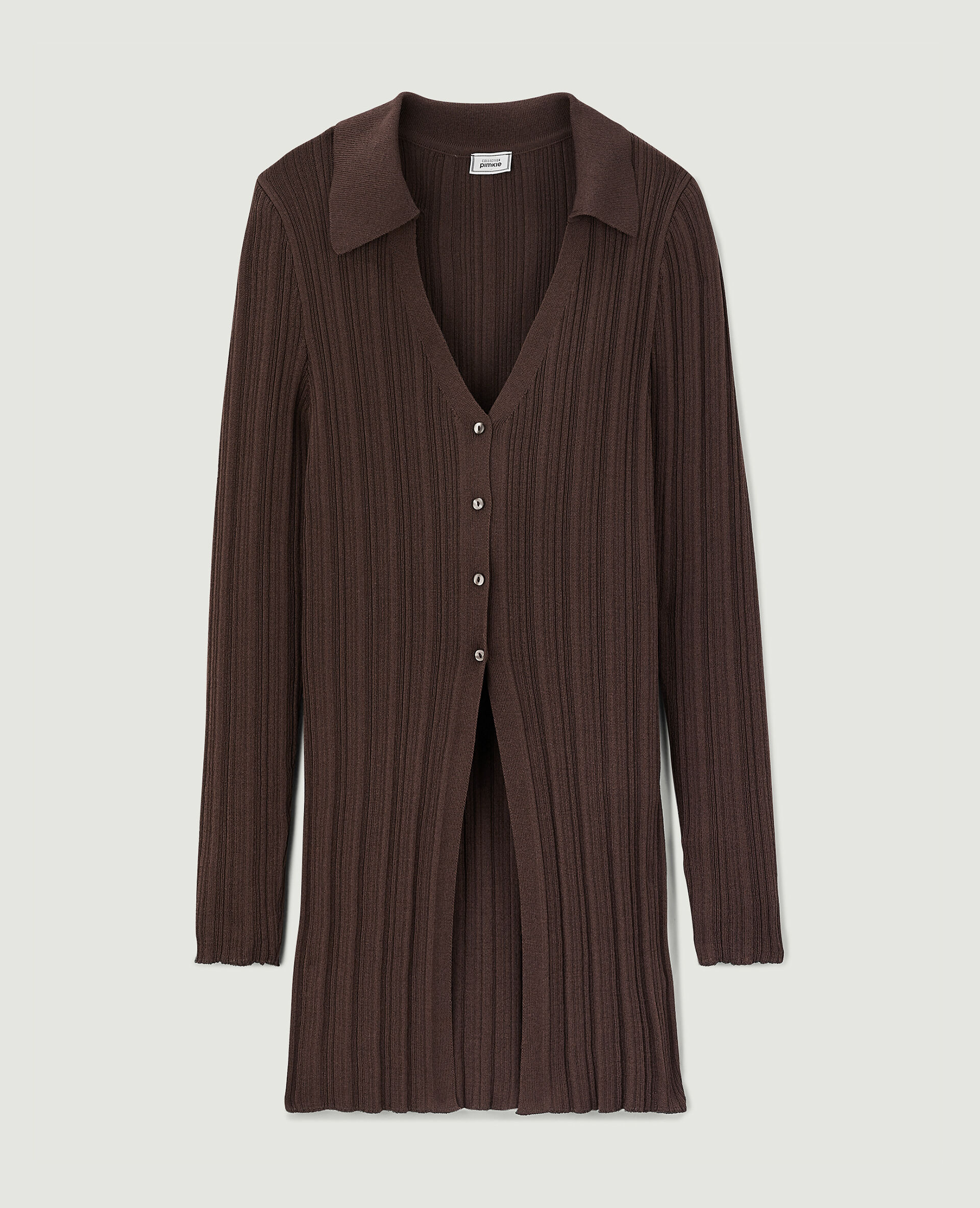 Gilet long en maille côtelée col polo - Marron