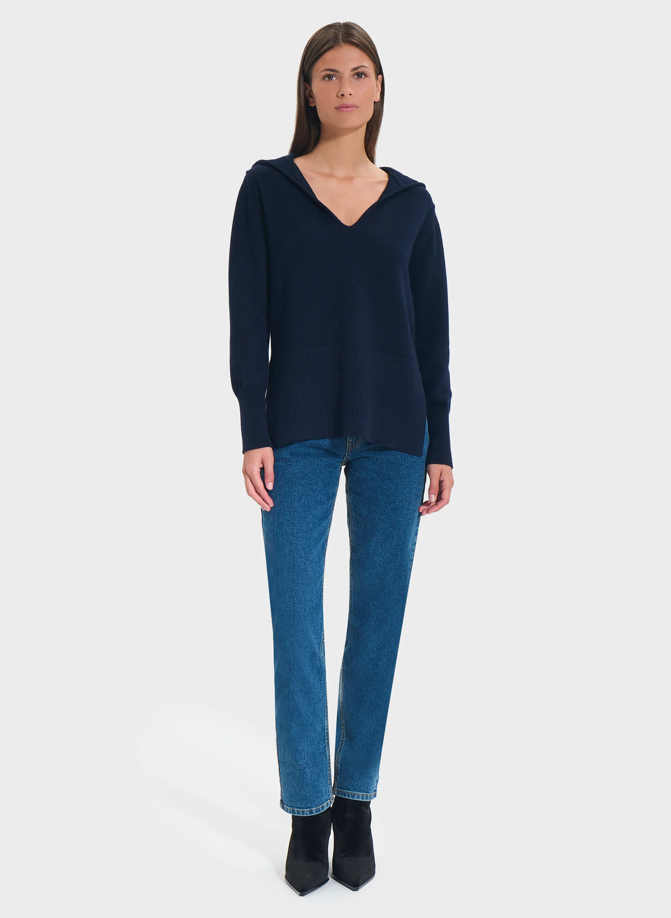 NOVALIE - Pull col V en laine mélangée| Bleu
