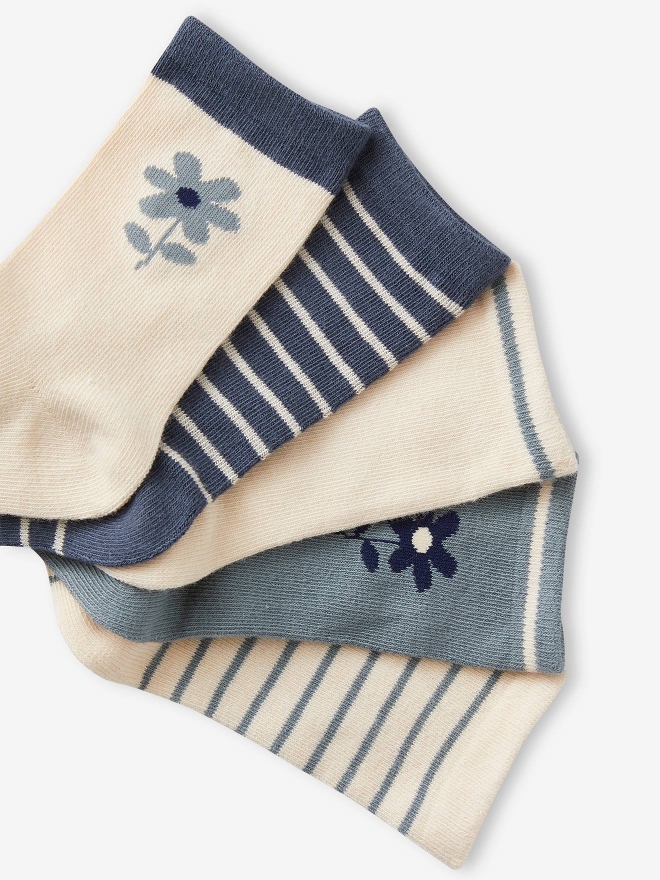 Pacote com 5 pares de meias florais/listradas para meninas na cor azul marinho