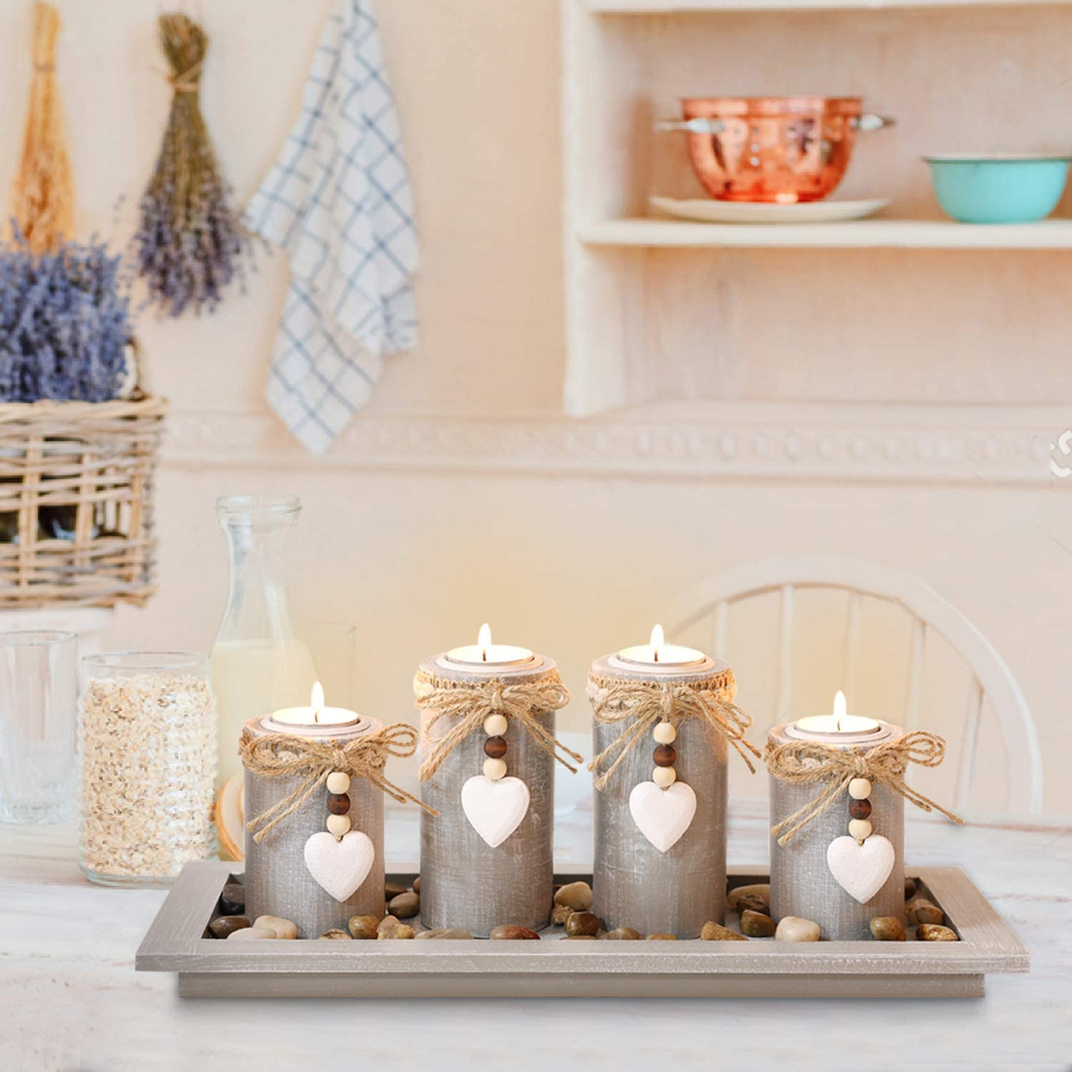 (6-tlg. Set) Deko Teelicht Halter mit Herz Anhänger Home Accessoire Kerzen Set   Steine