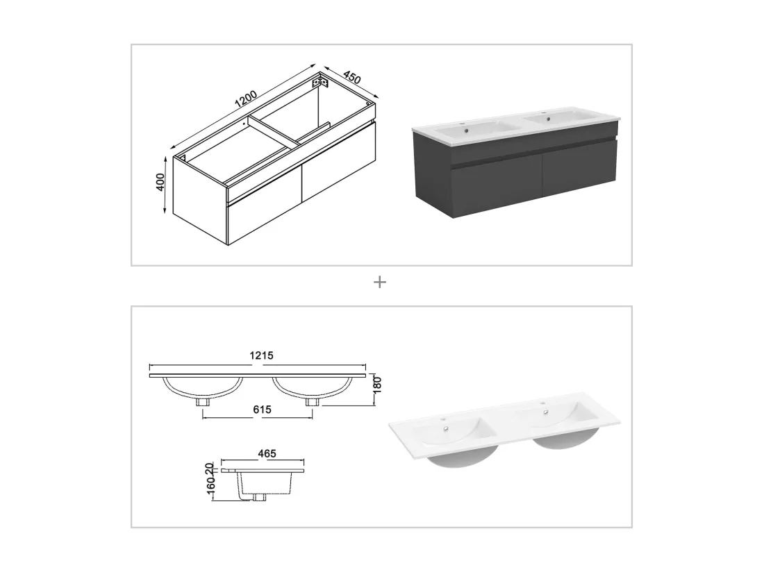 Ensemble meuble Salle de Bain 120cm Anthracite double vasque + miroir lumineux 3 couleurs + dimmable