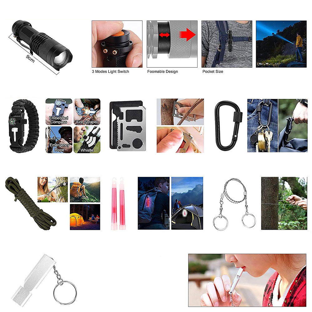 29in1 Outdoor Survival Tasche Notfall SOS Kit für Camping / Wandern   20000mAh Solar Powerbank USB C - Grün