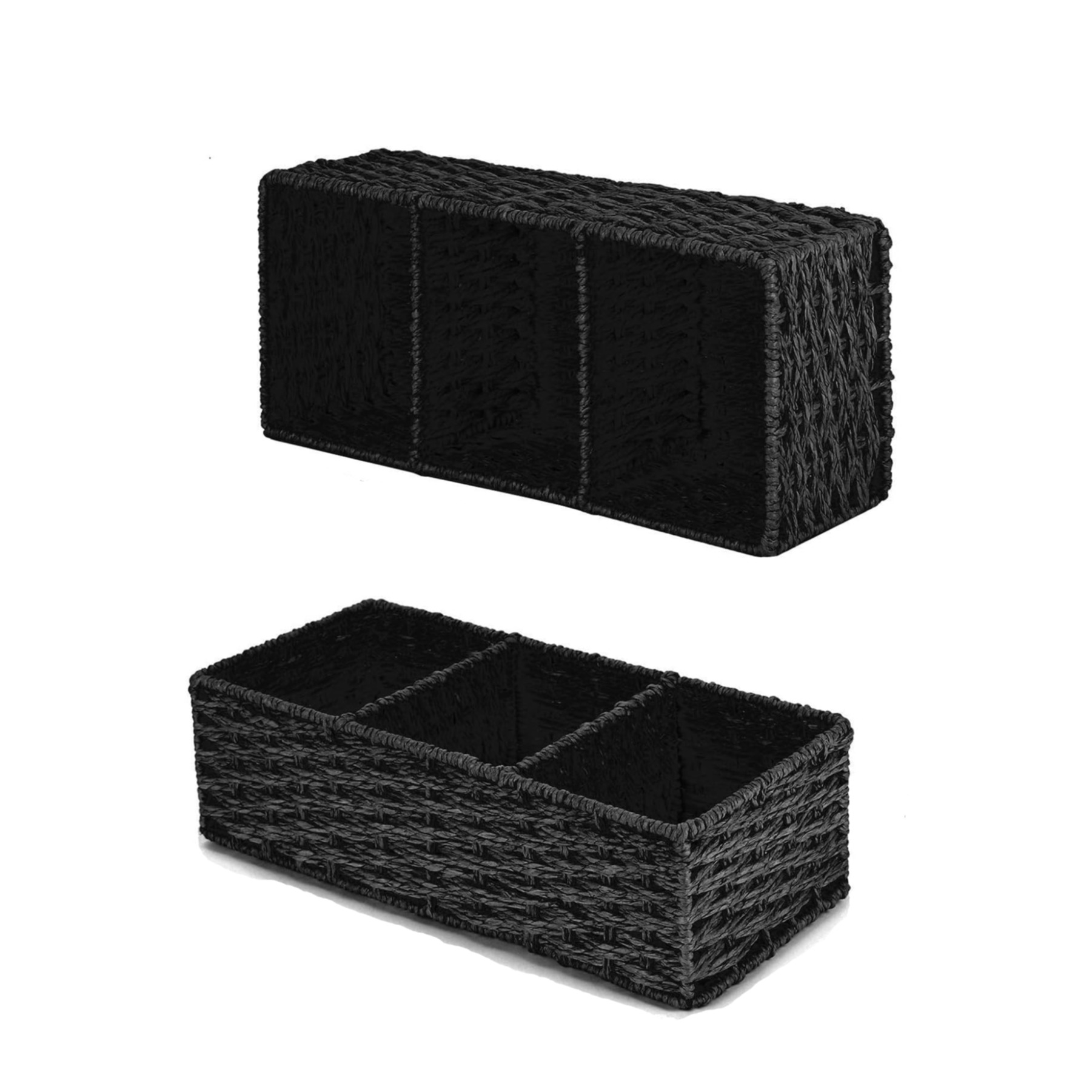 (36x15cm) Rattan Aufbewahrungs Korb Deko Organizer mit 3 Fächern für Badezimmer / Küche / Wohnzimmer - Schwarz