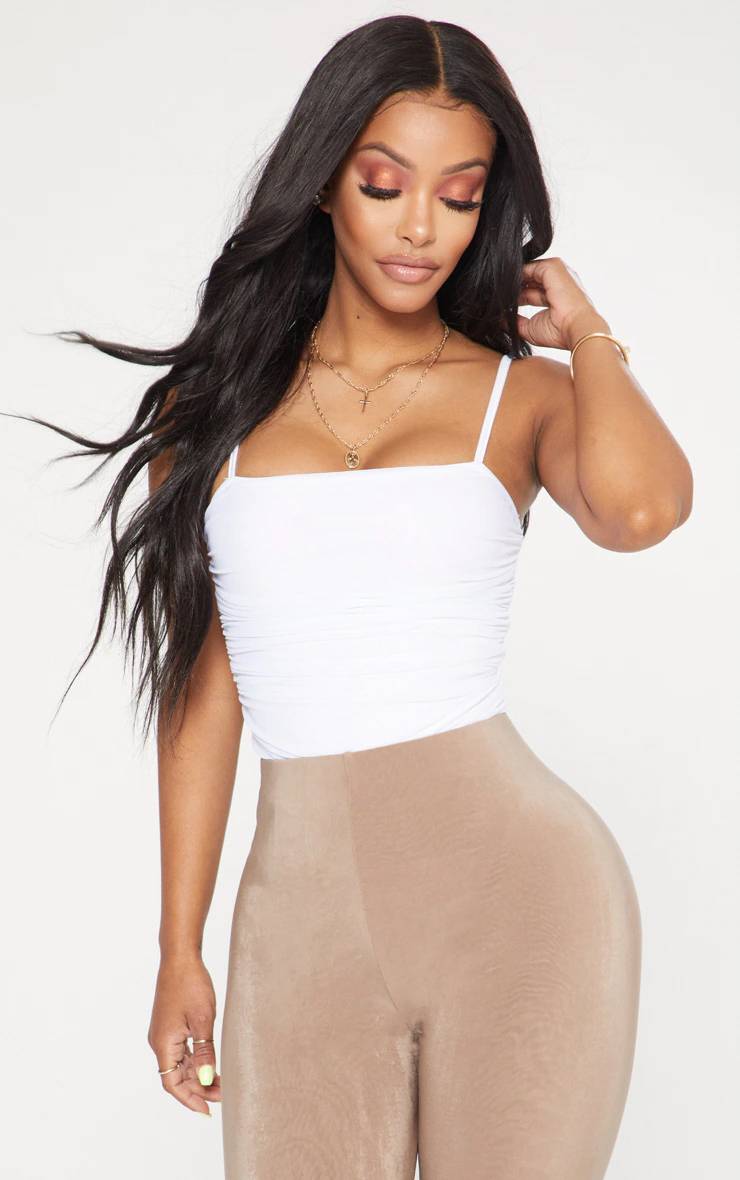 Blanc Body String À Détails Froncés En Mesh Shape
