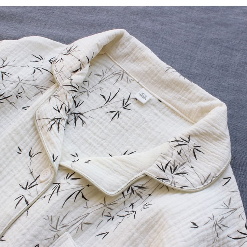 Dogini - Bijpassende pyjamaset voor koppels: shirt met bladprint + broek