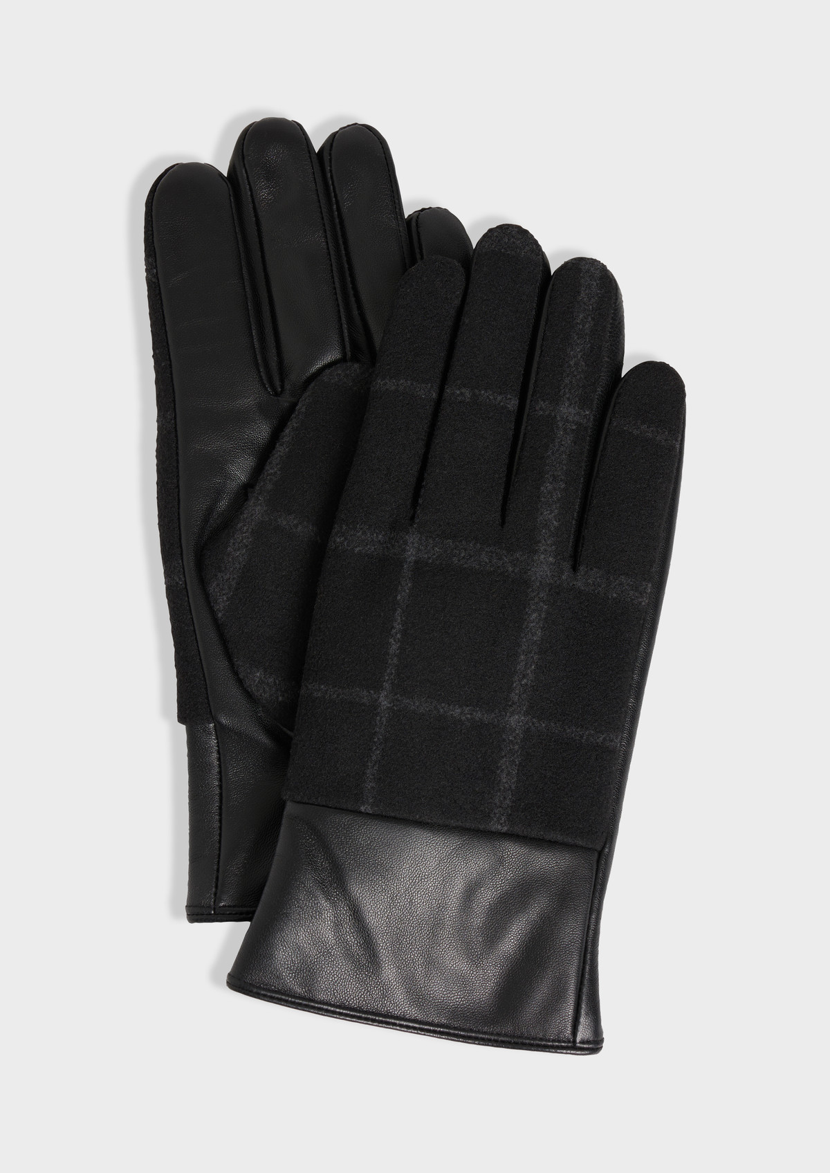 Gants bi-matière en cuir et flanelle anthracite et noir