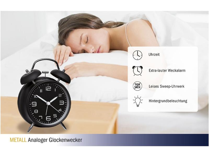 TFA Dostmann Elektronischer Wecker mit Doppelglocke, Schwar Analoger Wecker mit extra lautem Alarm