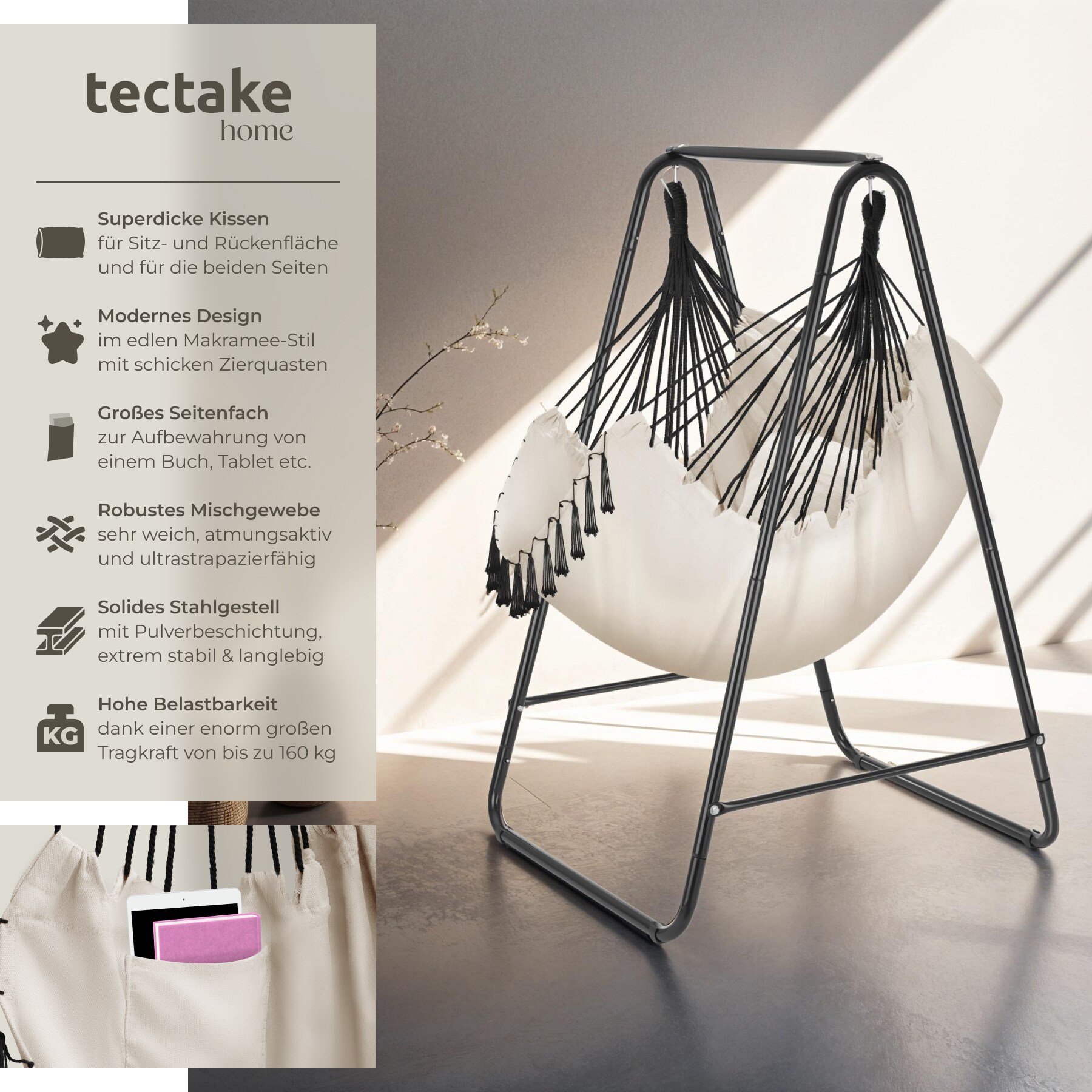 tectake® Hängesessel, 3 extra dicke Kissen, Belastbarkeit 160 kg, große Zierquasten, 85 x 100 x 154,5 cm