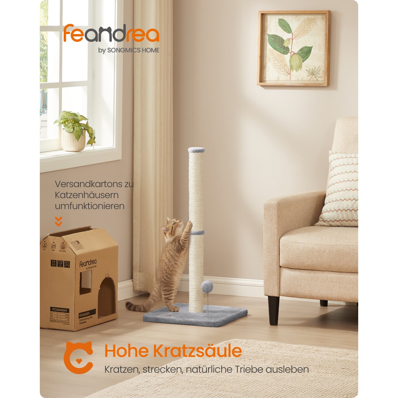 FEANDREA L/XXL Kratzbaum Kratzsäule mit Plüschball und Glocke 40 cm, 40 cm, 85 cm