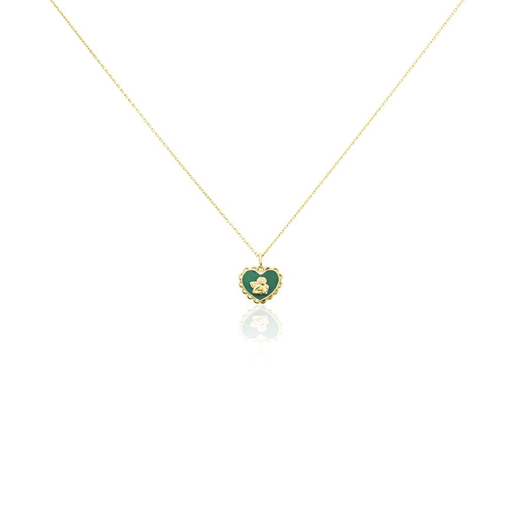 Collier Argent Dore Ange Cœur Plein Email Vert