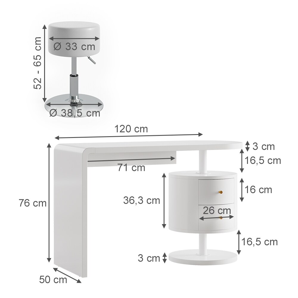 Vicco Schminktisch Lara Weiß Hochglanz 120 cm Hocker