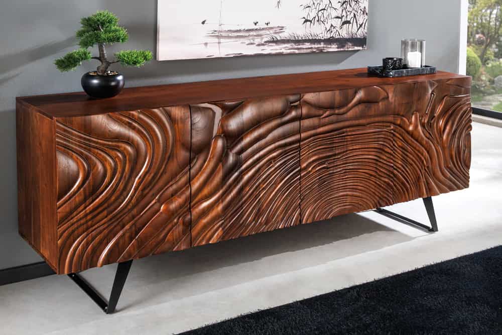 Massives Sideboard FLUID 175cm walnuss-braun Akazienholz 3D-Design Kufengestell