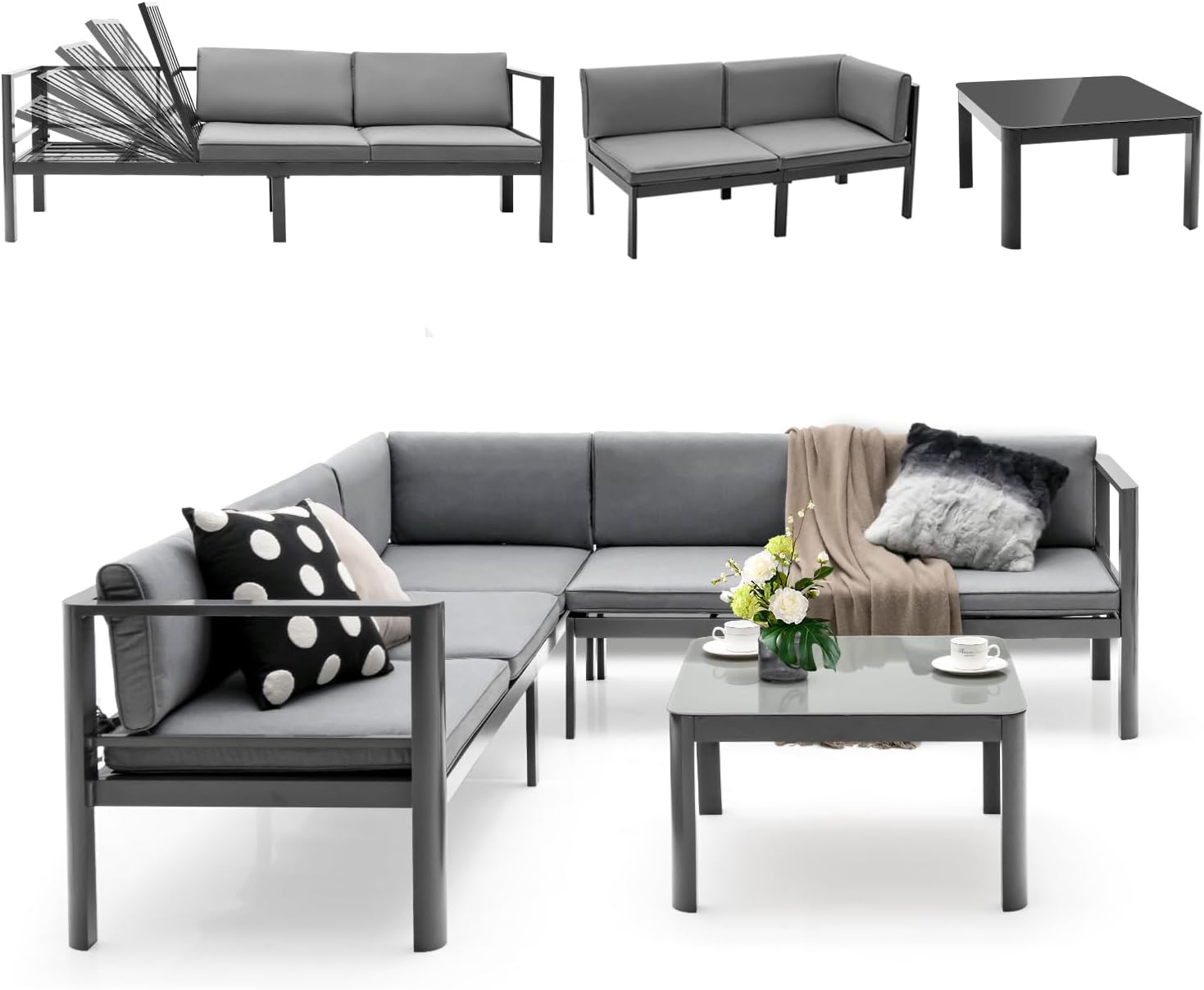 KOMFOTTEU Lounge Set für 5-6 Personen, Gartenmöbel Set mit L-förmigem Gartensofa & Kaffeetisch, Terrasse Sitzgruppe aus Aluminium inkl. Sitzkissen, Patio Lounge Gartenloungefür Indoor & Outdoor