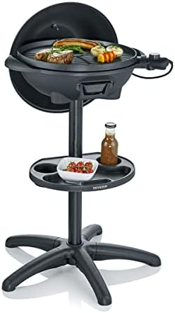 SEVERIN Barbecue électrique 2 000 W avec grille en fonte d'aluminium, Barbecue sur pieds avec couvercle et thermomètre intégré, eBBQ avec grande surface de cuisson lisse et rainurée, Noir, PG 8541 : Jardin