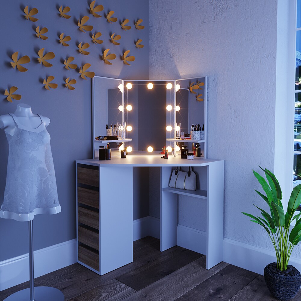 VICCO LED Eckschminktisch ARIELLE Kosmetiktisch Frisiertisch Weiß Eiche Kommode