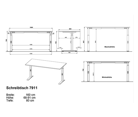 Mechanisch höhenverstellbarer Schreibtisch »Kopenhagen«, graphit