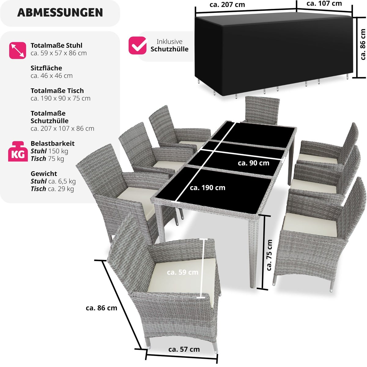 Rotan zitgroep tectake Menorca met aluminium frame, 2 sets hoezen, inclusief beschermhoes