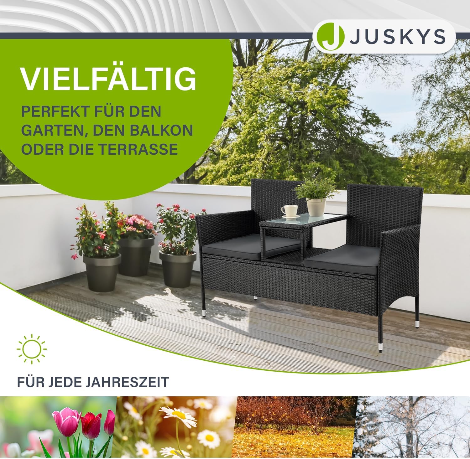 Juskys Polyrattan Gartenbank Monaco - 2-Sitzer Bank mit Tisch & Kissen - 133x63x84 cm - Rattan Sitzbank wetterfest Garten Balkon - schwarz