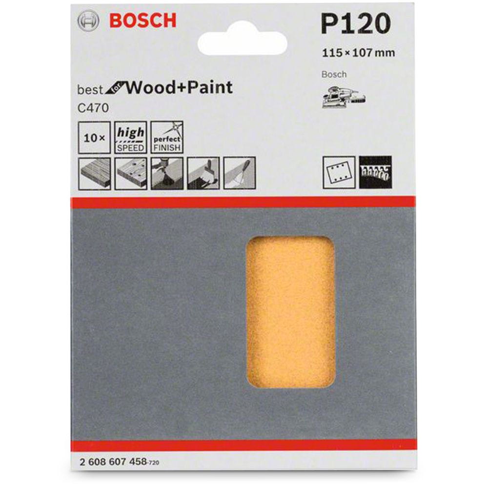 BOSCH 115 x 107mm 120-Grit 6-Hole Hook & Loop Sanding Sheet for Wood & Paint - C470 - 10 Piece