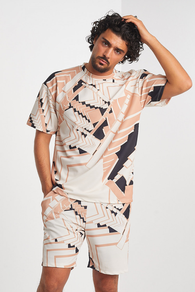 Ensemble 2 pièces t-shirt + short à motif géométrique tricolore