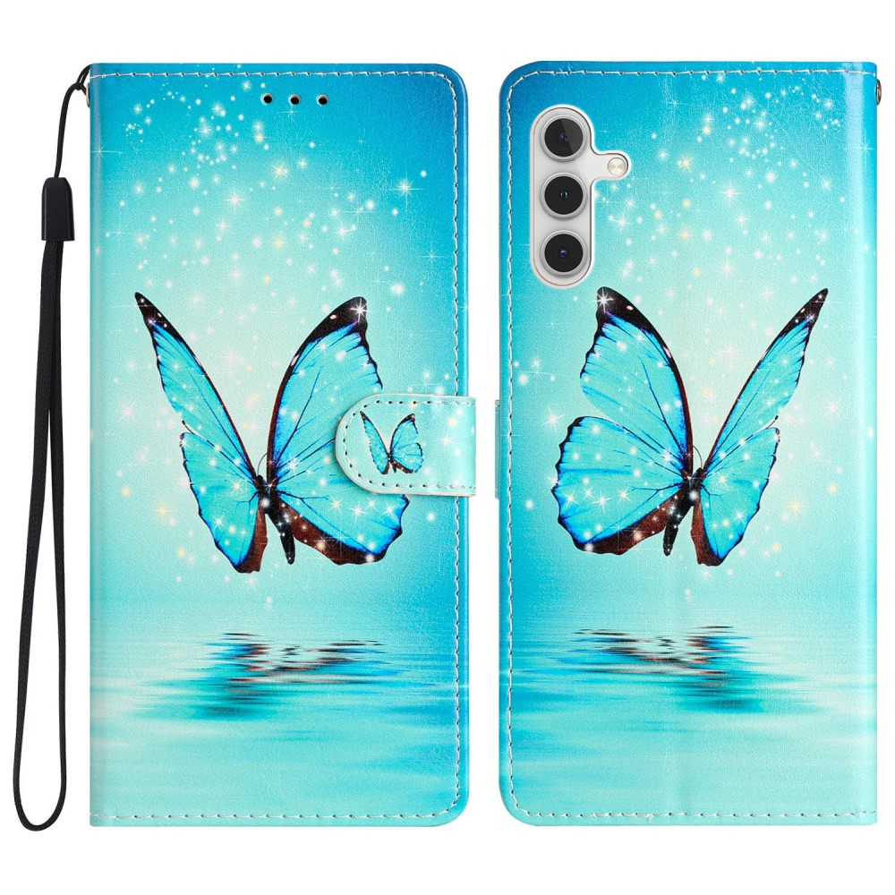 Samsung Galaxy A54 5G Leder Tasche mit Kartenfächern - Schmetterlinge (Blau)