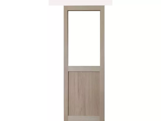 Porte Coulissante Atelier Placage Chene Vitree H204 X L83 + Rail Aluminium Bandeau Blanc Gd Menuiseries