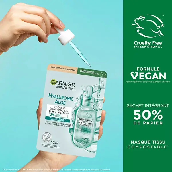 Máscara de tecido hidratante Garnier com ácido hialurônico e aloe vera.