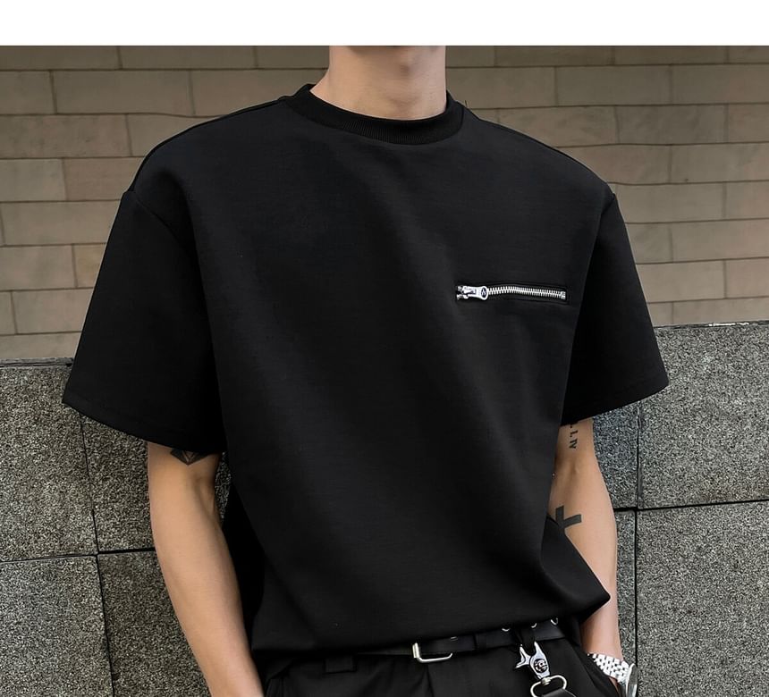Omozando - T-shirt met korte mouwen, ronde hals en ritsdetail