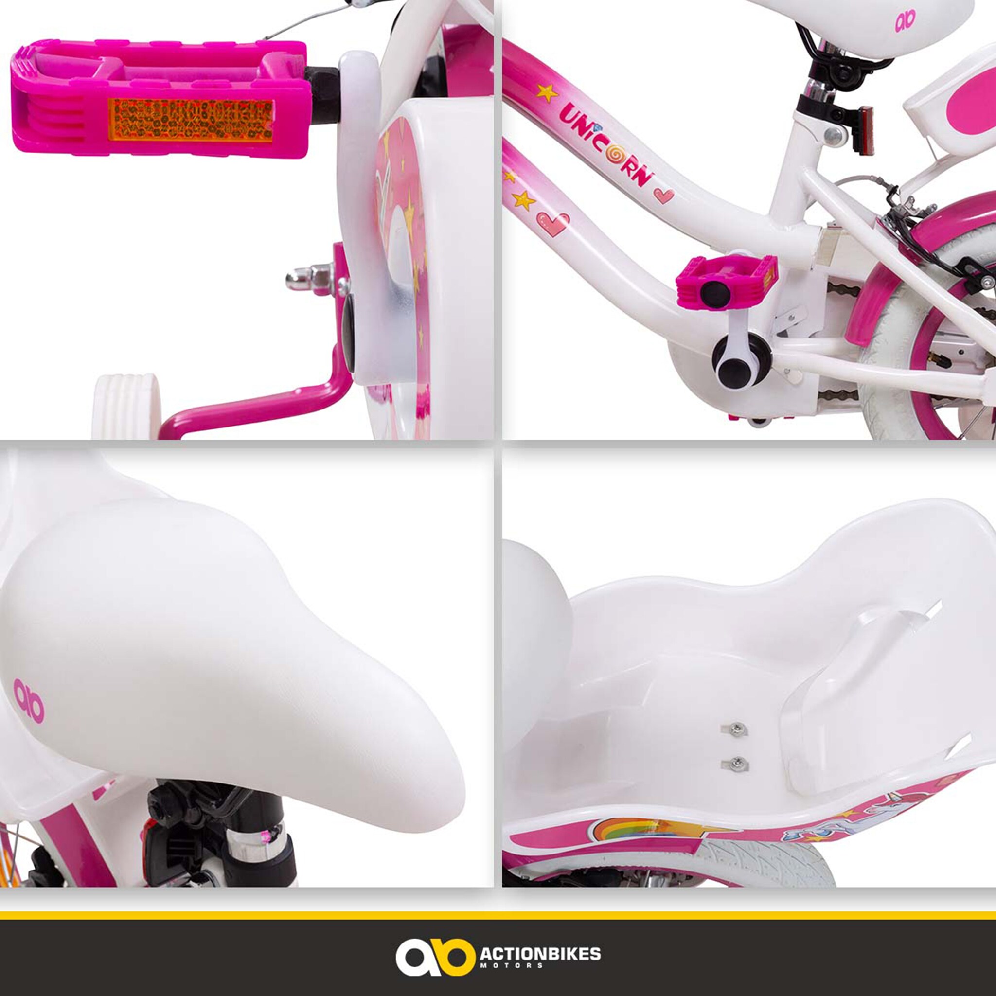 Actionbikes Kinderfahrrad Unicorn 12 Zoll, Pink, Einhorn-Design, Puppensitz, Stützräder, Fahrradkorb
