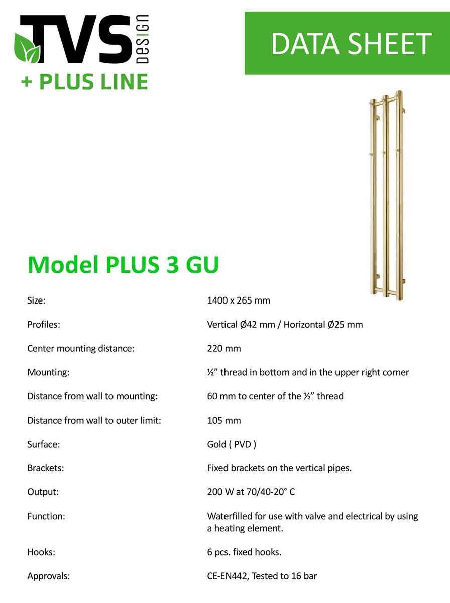 TVS Design Plus 3 radiator verticaal goud gepolijst 200W 140x26,5cm