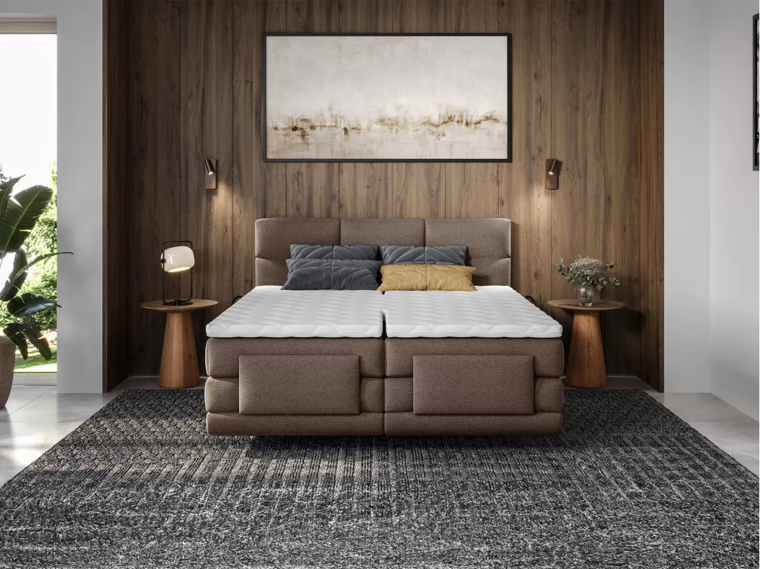 Ensemble complet boxspring tête de lit capitonnée + sommiers relaxation électrique + matelas + surmatelas - 2 x 90 x 200 cm - Tissu - Marron - LODI de PALACIO