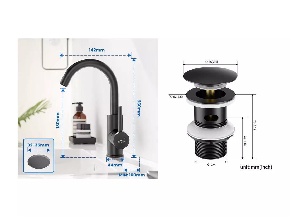 Mitigeur Lavabo,Robinet Salle Bain Noir Rotatif 360°,Aérateur Démotable+Bonde Lavabo Bonde Pop-up avec Trop-plein Automatique Universelle