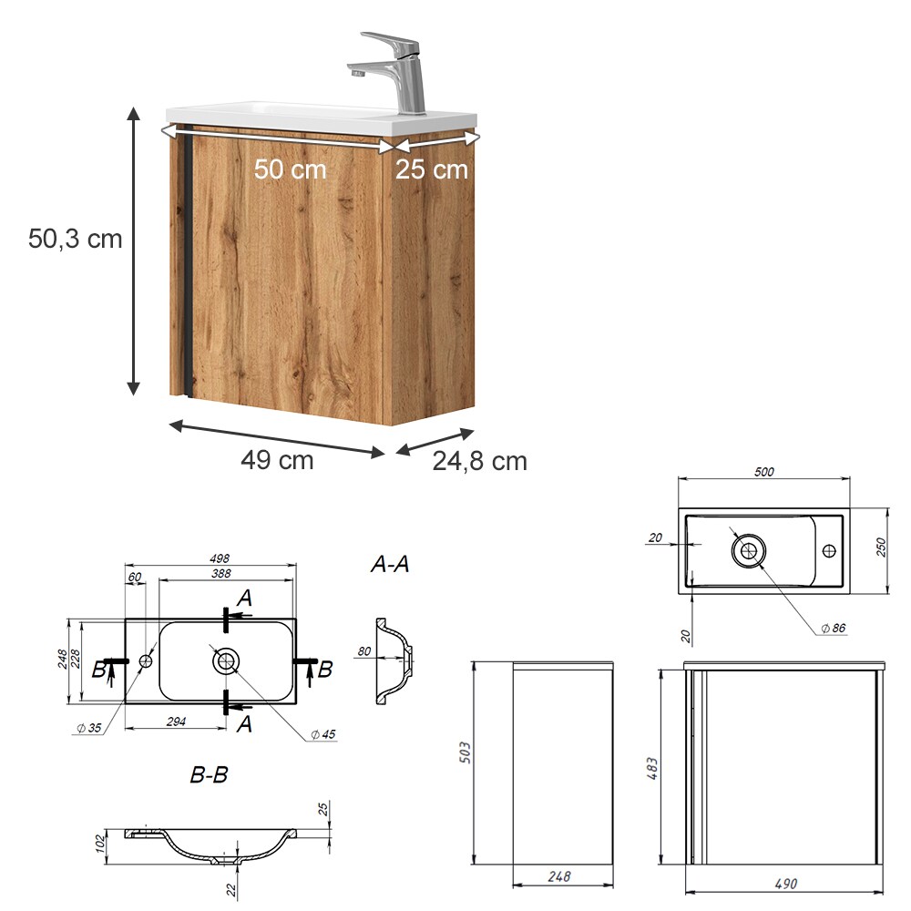 Vicco Waschbecken mit Unterschrank Kleo, 50 cm, Waschtisch mit Tür, Eiche Wandmontage