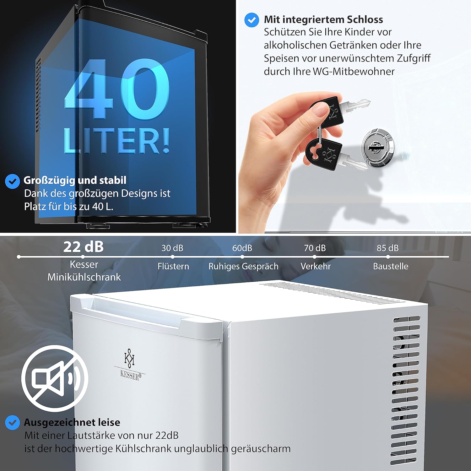 KESSER® Mini réfrigérateur avec Serrure, Mini Bar de 40 l, Silencieux, 22 DB, verrouillable, Chambre à Coucher, butée de Porte Amovible, env. 4 à 16 °C, Hauteur 57 cm, éclairage intérieur