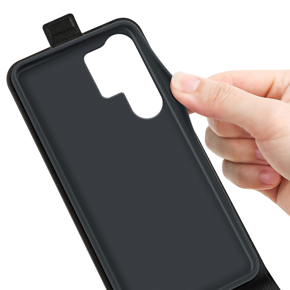 Samsung Galaxy S25 Ultra Leder Tasche Flip Cover Vertikal im Retro Look mit Kartenfach - Schwarz