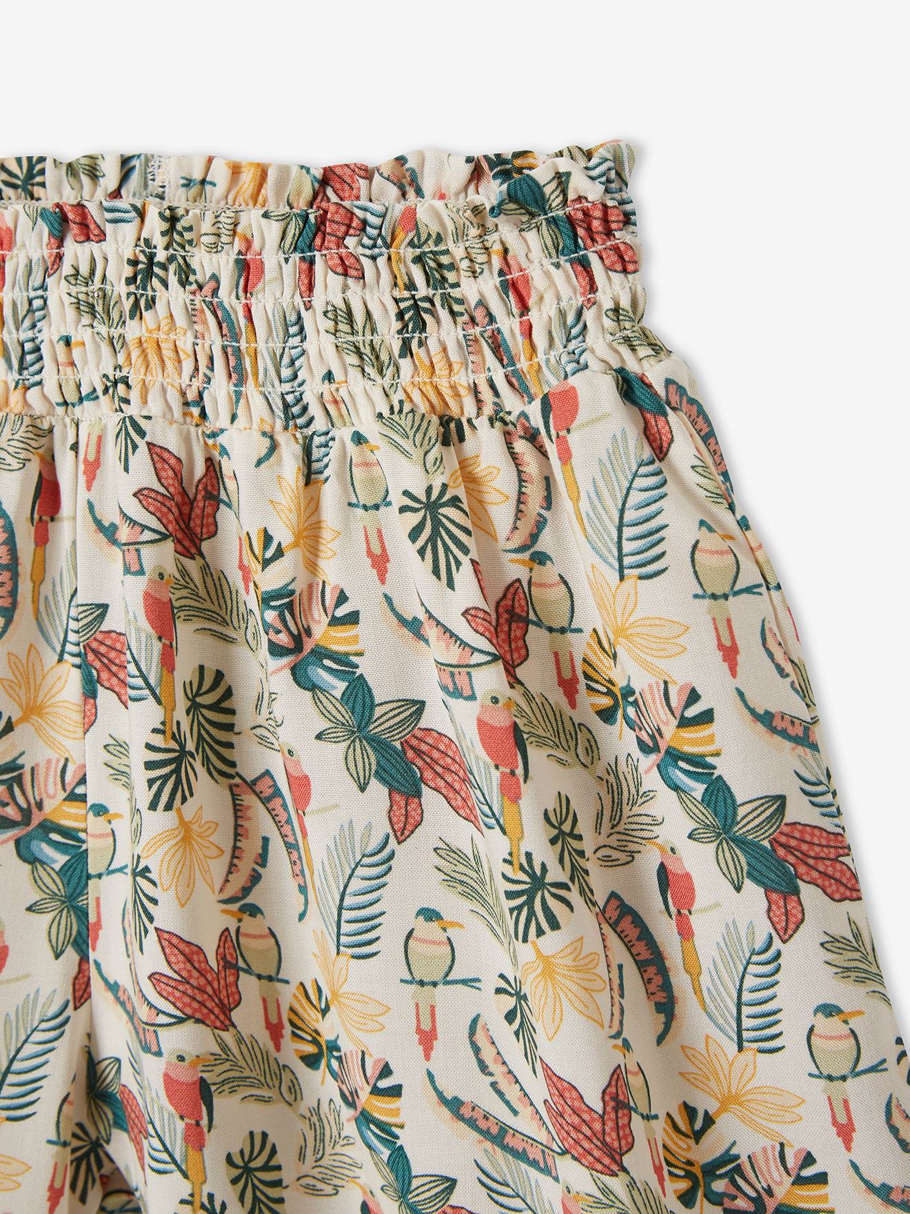 Shorts fluidos com efeito saia e cós franzido, para meninas, estampa bege tamanho médio