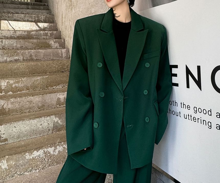 Omozando - Set: Effen dubbelrijs blazer + Hoge taille wijde broek