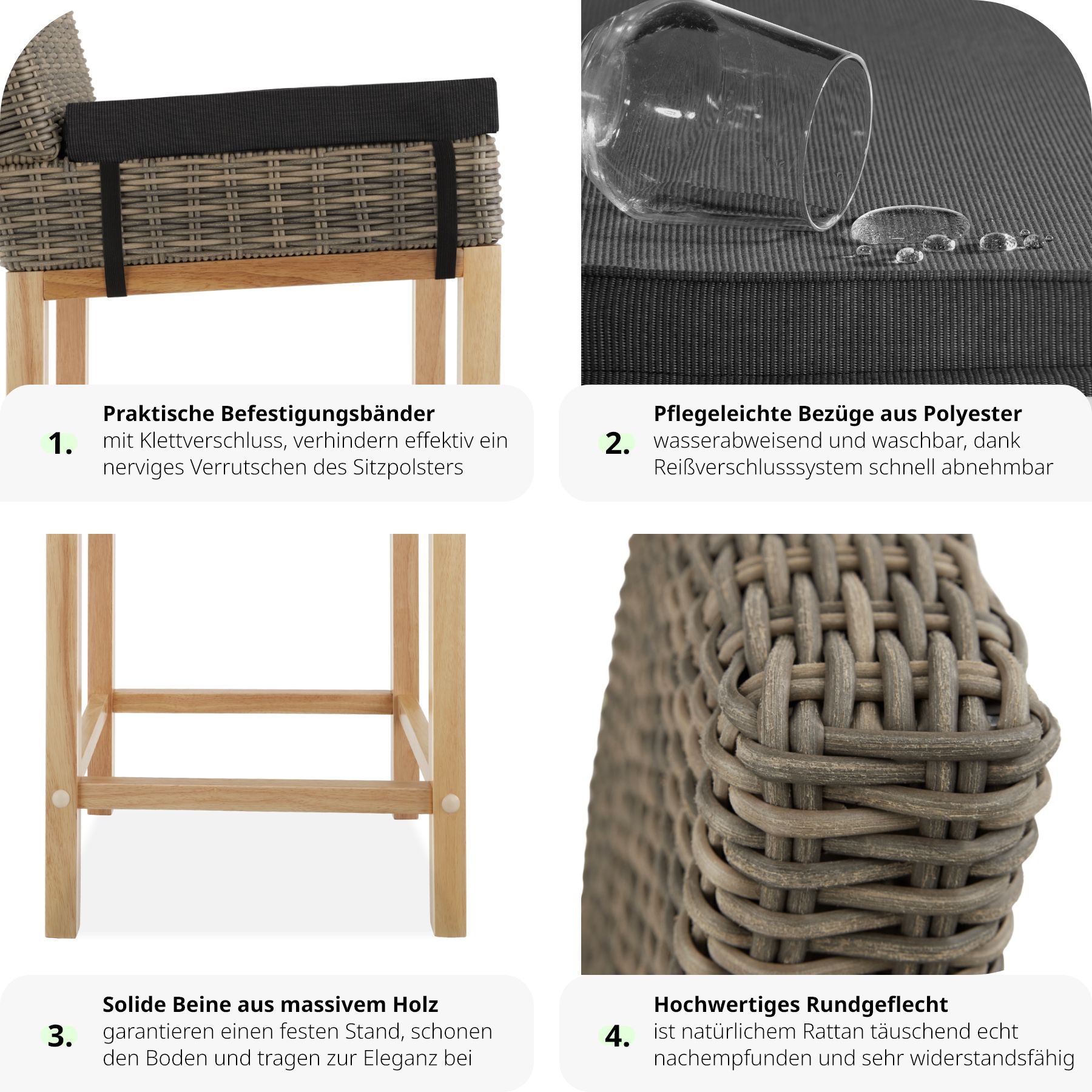 tectake® Rattan Barstuhl, mit Aluminiumgestell, natürlich nachempfundenes Geflecht, inklusive Sitzpolster, 45 x 62,5 x 99 cm