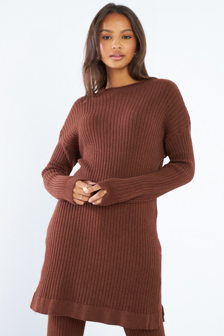 Ensemble 2 pièces pull + pantalon marron en laine côtelé