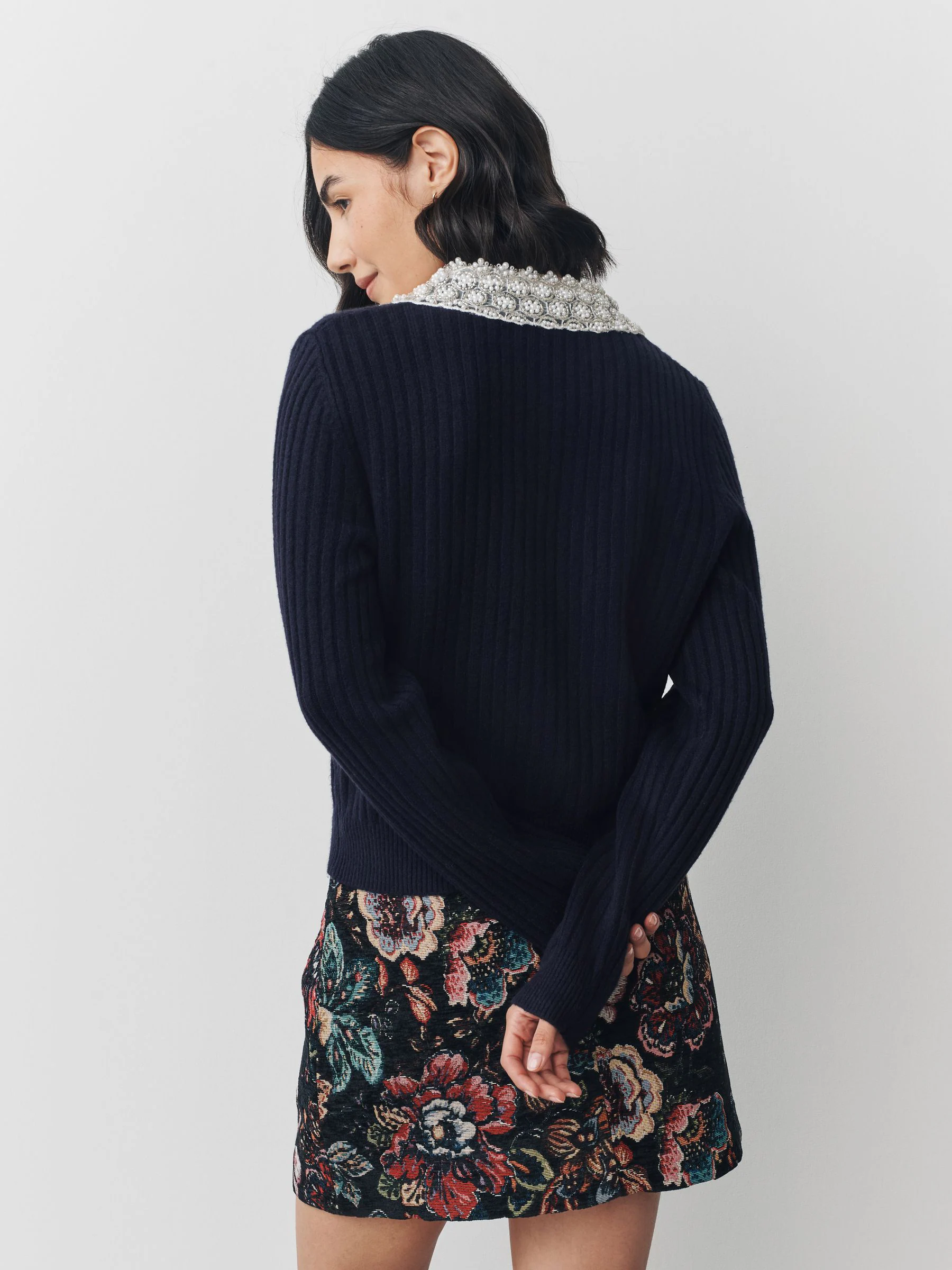 Donkerblauw - Ribbed Pearl Collar Cardigan With Wool