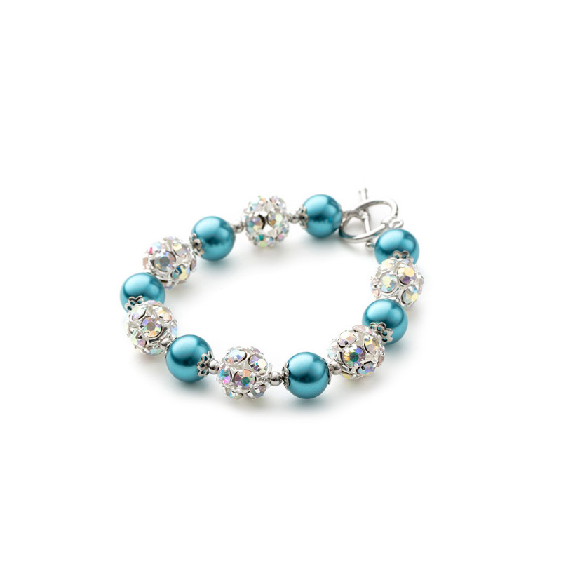 Bracelet 1 Rang en Perles Bleues, Cristal et Plaqué Rhodium