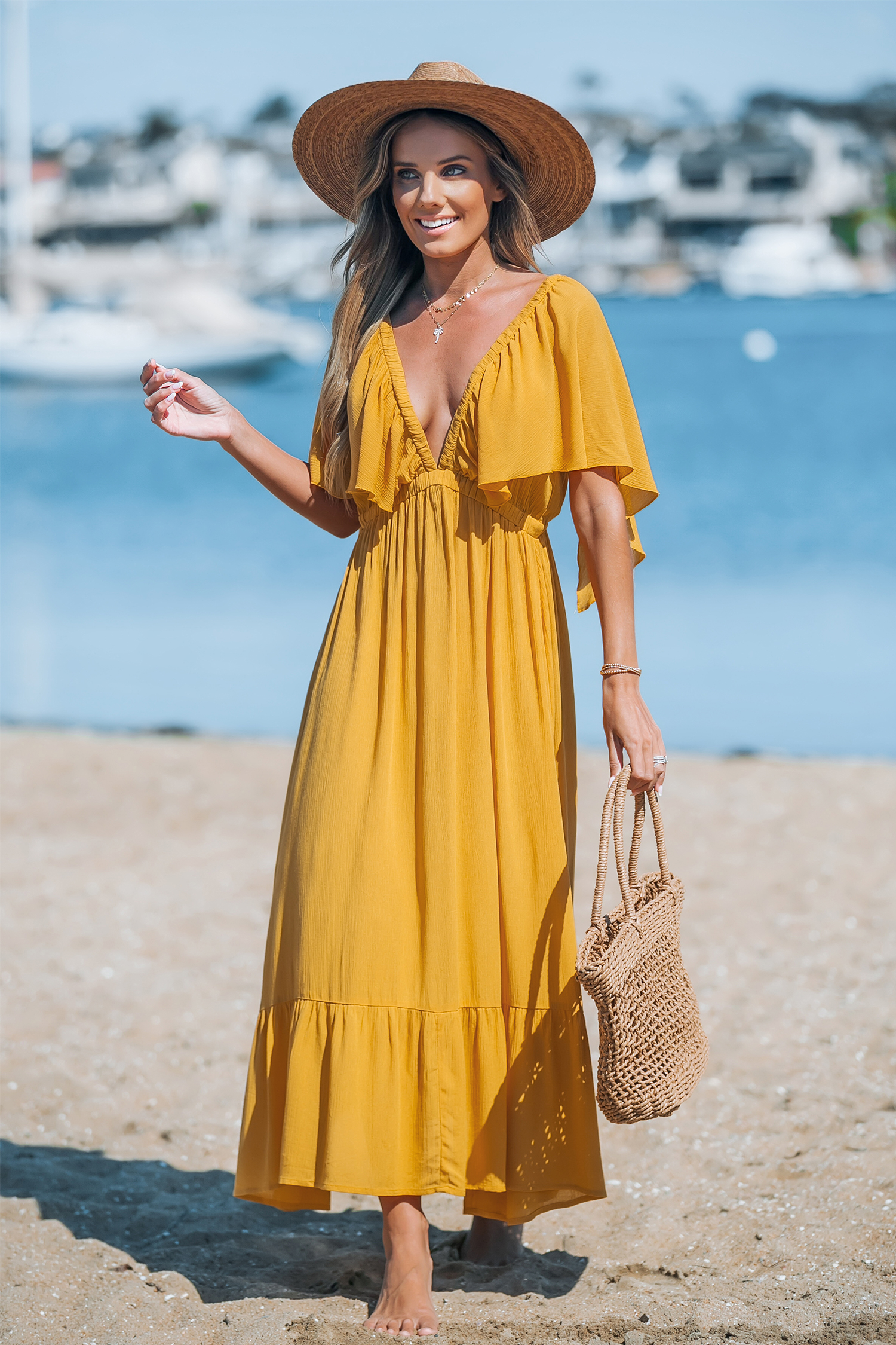 Robe midi avec manches papillon et col plongeant jaune
