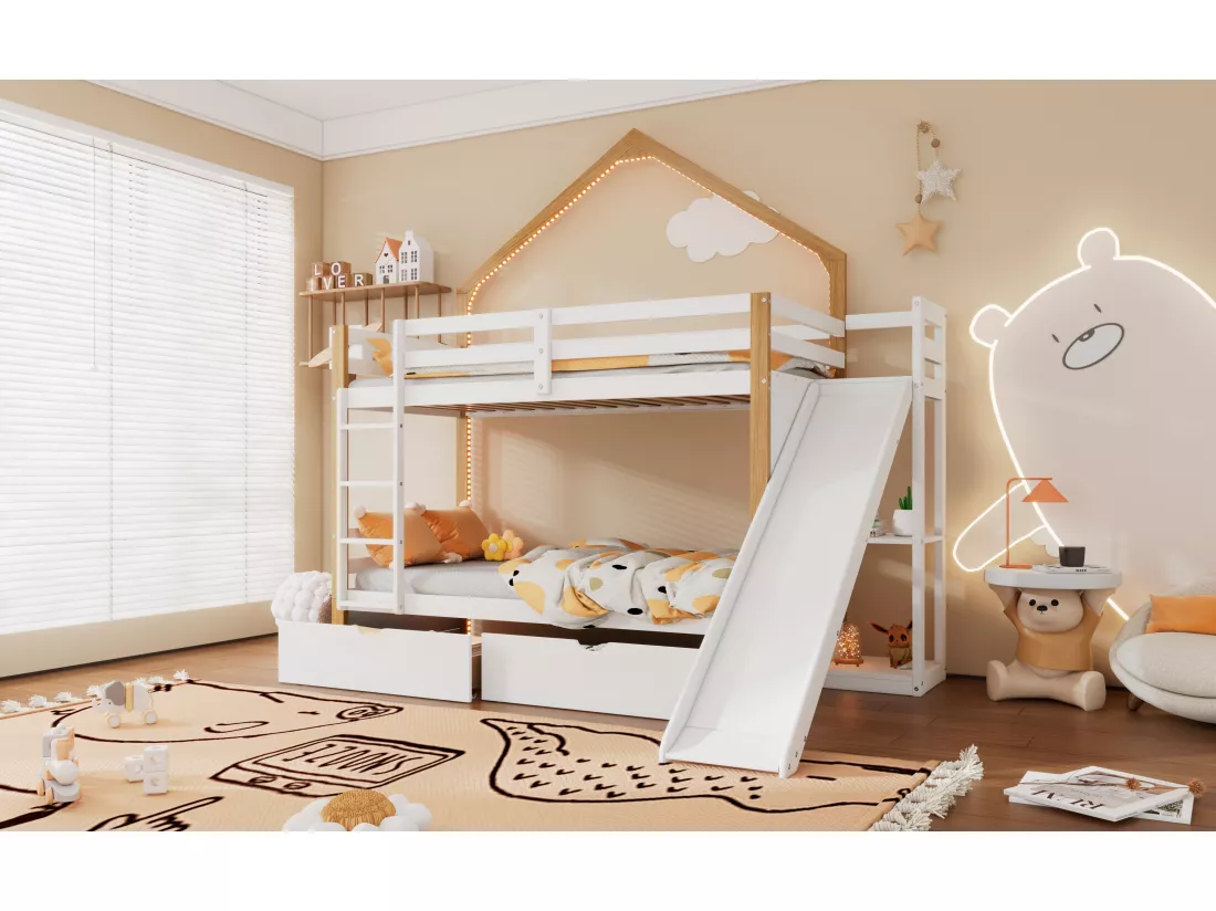 Lit superposé 2 x 90 x 200 cm avec 2 tiroirs, toboggan etétagères de rangement - pin + MDF - blanc+naturel (sans matelas)