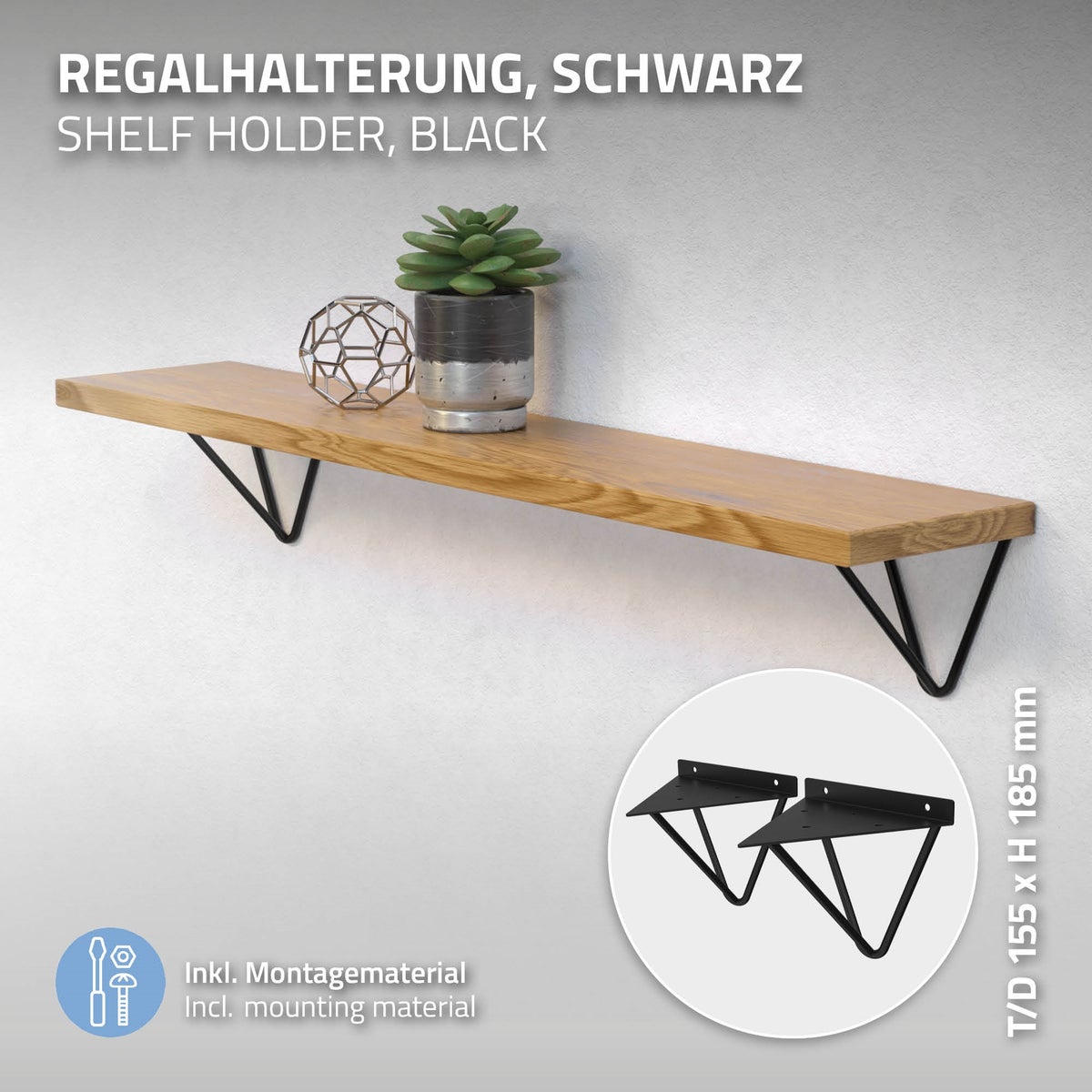 ML-Design 6-delige plankdragerset, 160 mm, zwart, metaal, driehoekige plankdragers, zwevende plankhoekdragers, haarspeld wandbeugels, prisma plankdragers voor wandmontage, haarspeld wandplank wandconsole