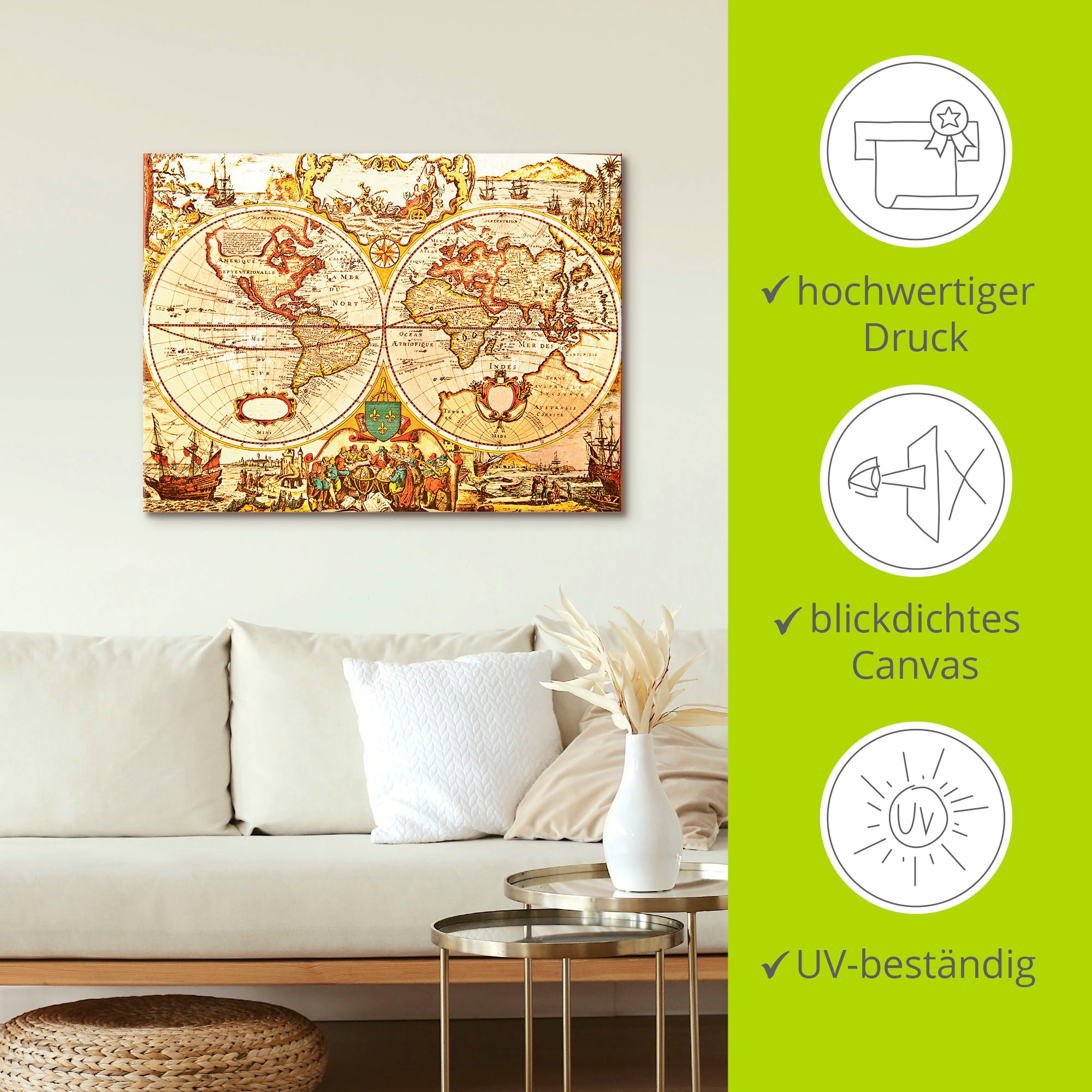 Artland Leinwandbild »Antike Weltkarte« 1 Stk. tlg. als Alubild, Outdoorbild, Leinwandbild, Poster, Wandaufkleber