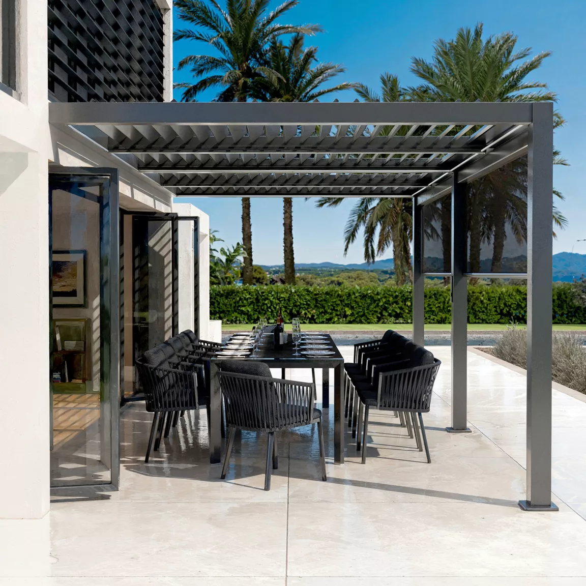 Pergola bioclimatique Adossée motorisée aluminium et LED (3 x 6 m) Gris anthracite
