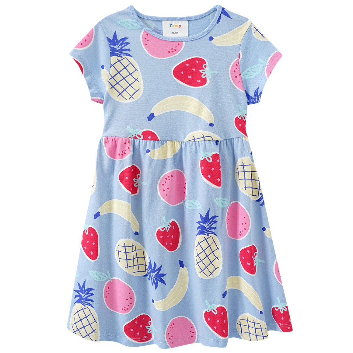 Famy 2 Mädchen Kleider mit bunten Motiven hellgelb / hellblau